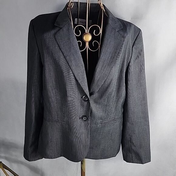 Chic Calvin Klein Pinstriped Gray Blazer - Picture 2 of 13
